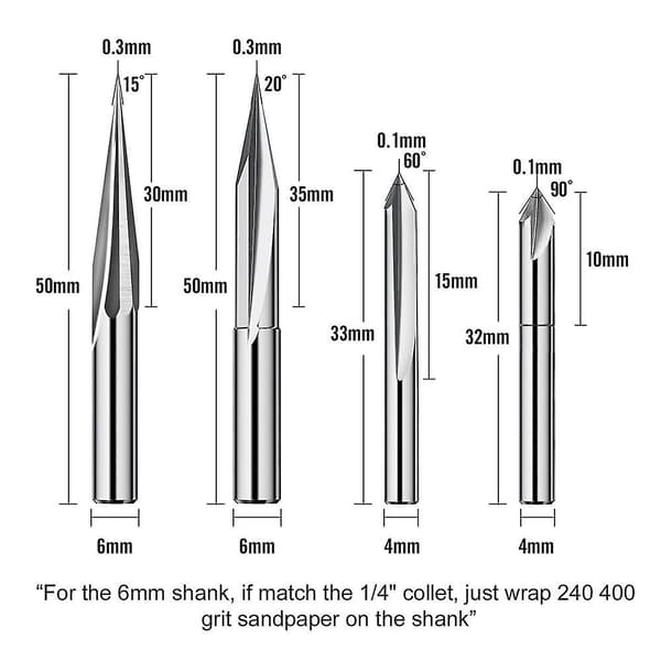 CNC-fræserbitsæt 1/4\" skaft, gravering træskærerfræserbit 6 mm & 4 mm, V-rille, profilbit