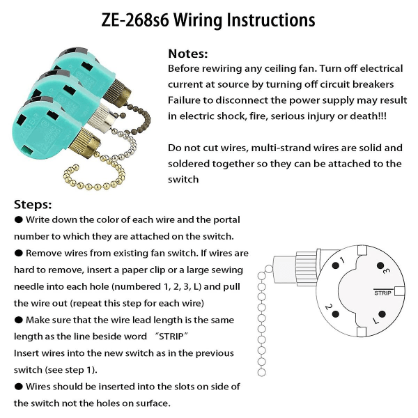 3 stk Ze-268s6 takviftebryter 3 hastigheter 4 ledninger for takvifter og vegglys Trekkkjedebryter