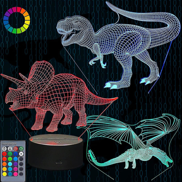 Shxx 3d Dinosaur Kids nattlampa, 3-mönster och 16 färger Ändrar 3d Illusion LED-dekor rumslampa med fjärrkontroll och touch, julfödelsedag Din