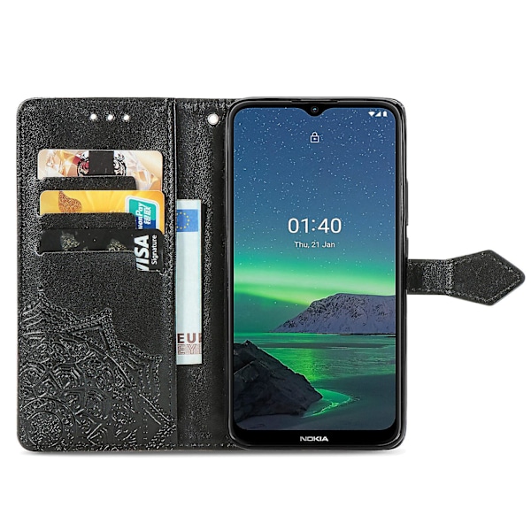 Etui til Nokia 1.4 Cover Læder Pung Cover Emboss Mandala Magnetic Flip Protection Stødsikker - Sort