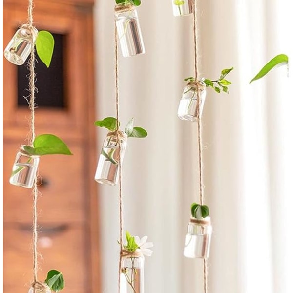 Vegghengende plantekasser, Wind Chimes Style Dekor Glassvase med lintau Blomsterplanter Hengeglass for hydroponiske planter Hjemmehagedekor (8 * 3 cm)