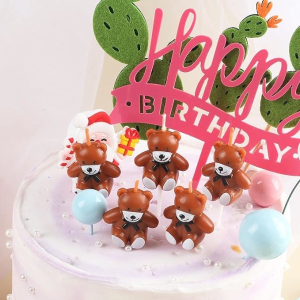 5 kpl söpöjä ruskeakarhun syntymäpäiväkynttilöitä, nallekakun päällystä, minikarhujen kynttilöitä lasten syntymäpäiväkakun koristeluun, syntymäpäiväjuhlatarvikkeita