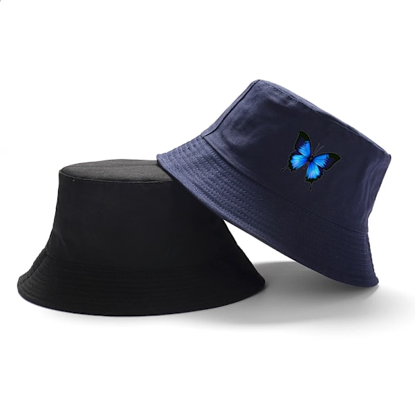Hot Sale Harajuku Blå Sommerfugl Bøttehatt Unisex Casual Strand Solhatt Ukraina Nasjonalt Emblem Gull Foldbar Bomull Panamahatt Blue Butterfly 07