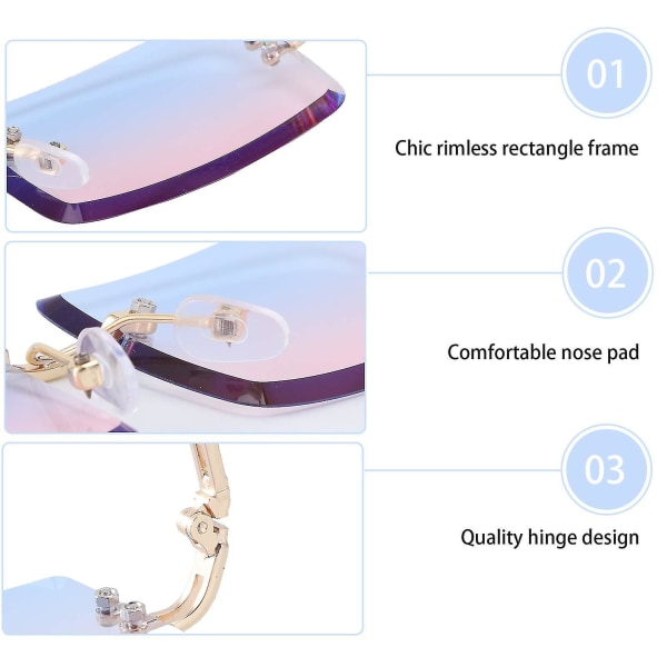 3 par fyrkantiga båglösa solglasögon Fashion Frameless Eyewear Vintage Rektangulära Transparenta Glasögon