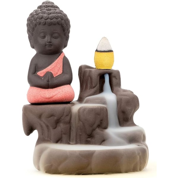 Røgelse Vandfald Tilbagestrømning Stativ Keramik, Keramisk Buddha Statue, Lille Munk Pagode, Konisk Stang Askeopsamler Med 20 Tilbagestrømning Røgelse Kegle (Rød)