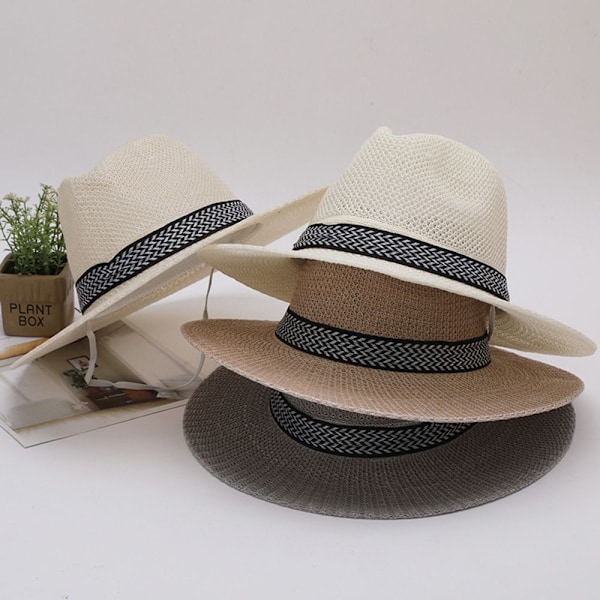 Hatt i strå i bohemisk stil for middelaldrende menn og kvinner - Strandhatt for reiser og solhatt i sommerfarger beige