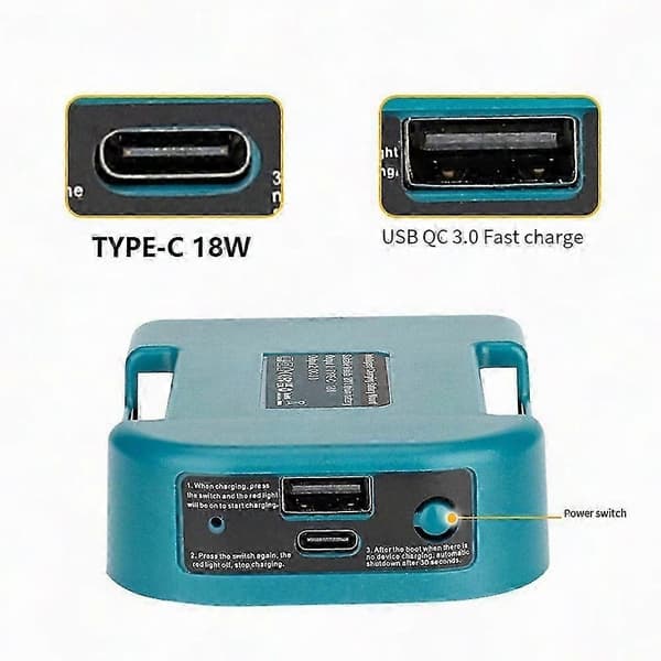 Bærbar hurtigopladeradapter til Milwaukee 18V Li-Ion batteri med USB Type-C Blue