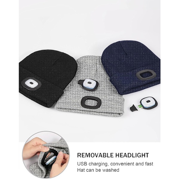 LED-lue med lys, unisex USB-oppladbar håndfri 4 LED hodelykt lue vinterstrikket nattbelyst lue lommelykt kvinner menn gaver til pappa ham