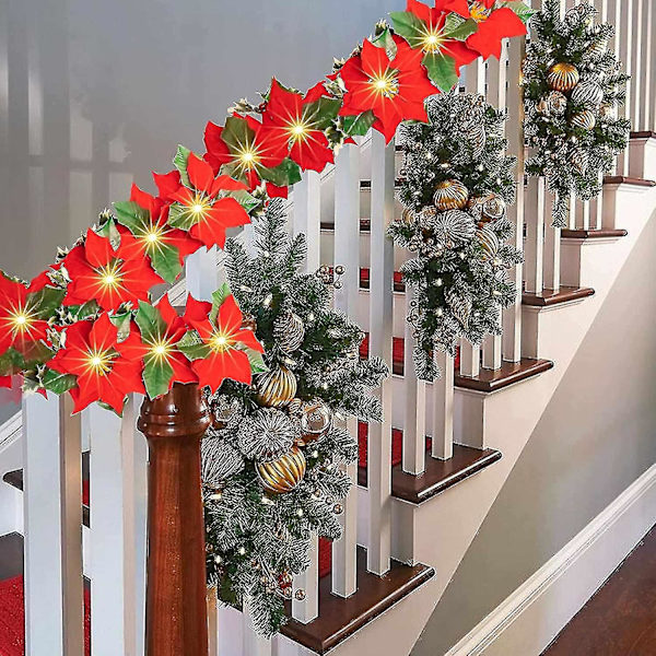 2-pack 2m julstjärna blommor girlang dekorationer, 10 LED-upplysta konstgjorda sammetsband