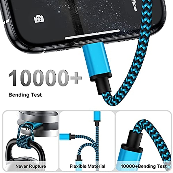 iPhone-opladerkabel 2m 3Pak iPhone-opladerkabel Langt iPhone Lightning-kabel Farvet flettet USB iPhone-hurtigoplader-ledning kompatibel