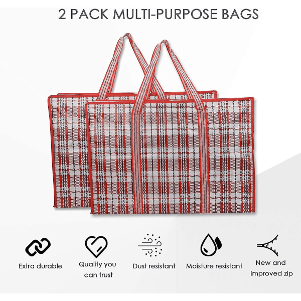 2 pakke oppbevaringspose, klesoppbevaringspose med stor kapasitet Flytteposer med glidelås for klesvask, flytting, shopping (rød, 68cm*50cm*24cm)