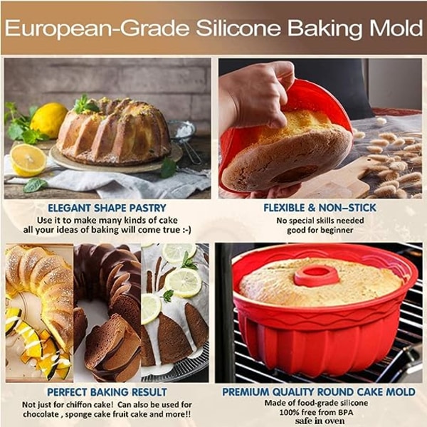 Silikone riflet Bunte kageform, europæisk LFGB topniveau silikone rund kageform, non-stick kageform til gelé, gelatine, brød, 9,45 tommer