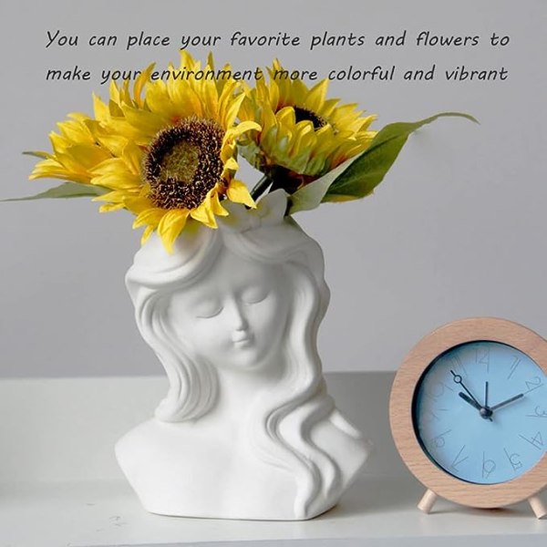 Home Decor Girly Keramikkvase, 7,8-tommers høy vase med hvitt hode, vase med friske blomster, tørket blomstervase, sukkulent blomsterpotte, egnet for hjemmedekorasjon