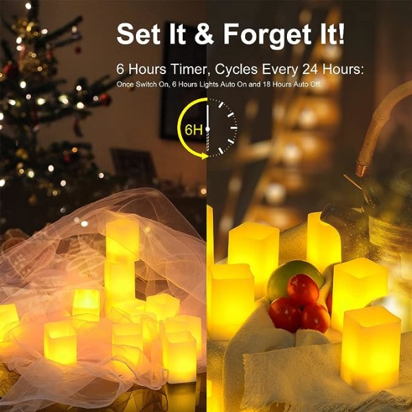 Te-lys med timer, batteridrevne flimrende flammefri, 12 stk. varmt hvitt LED firkantede votivlys med timer for bryllupsfest, festival Bi
