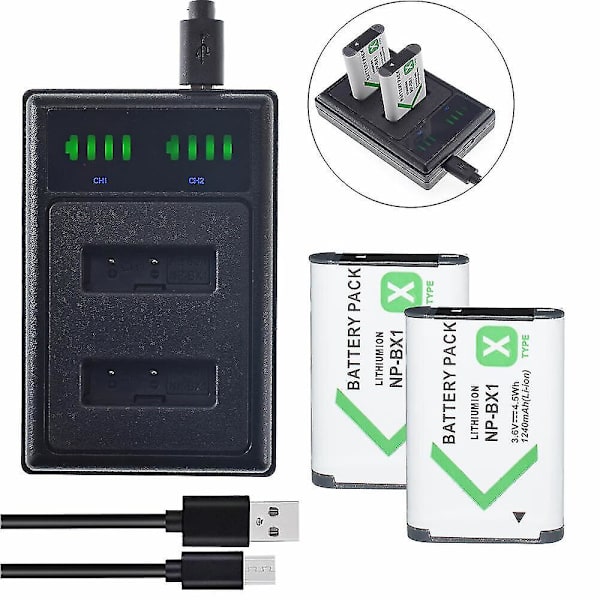 Np-bx1 1240 mah erstatningsbatteri eller usb dobbelt lcd-opladersæt Kompatibel Sony-kamera