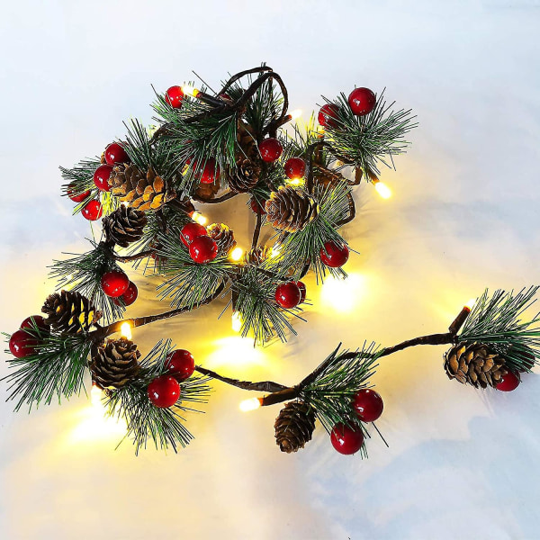 Christmas Garland Lights 6.56ft Holiday Prelit Garland Pine Cone Garland Light With Red Berry Oppgradert batteridrevet krans med LED-lys Xmas D