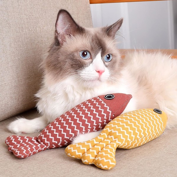 Kissanminttu lelu sisäkissoille Pörröinen kissanminttu rauhoittava lelu, pehmeä kissanminttu lelu -tyyny, pellavapurulelu kissanpennulle, söpö kalatyyny kissojen nukkumiseen