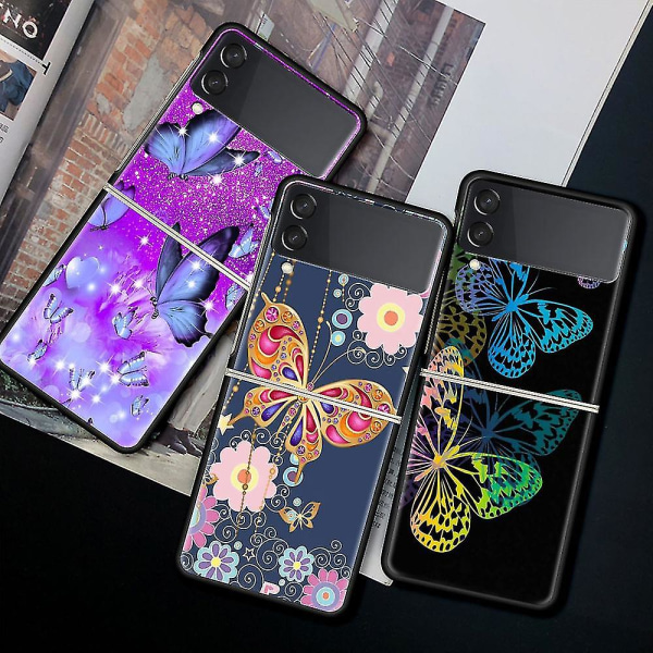 Antichoc stivt skall for Samsung Galaxy Z Flip 3, svart, lilla, sommerfugl, 5g stivt etui