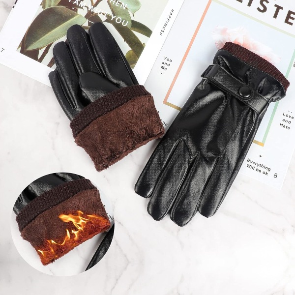 Herre vinter sorte PU læderhandsker, fingerspidser Touch Screen Tykke handsker, vandtætte og vindtætte til udendørs cykling