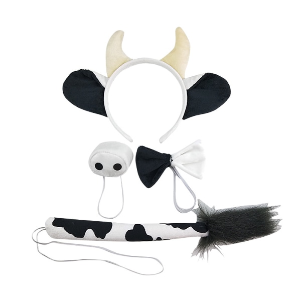 Ko-kostymset med öron, svans, näsa och fluga för Halloween, födelsedag, jul, cosplayfest och andra tillfällen
