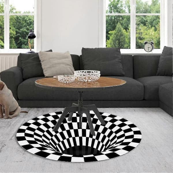 Vortex Illusion Matta 3D Trap Effekt Bottenlöst Hål Matta Rund Svart Vit Rutigt Rum Sovrum Anti- 80cm