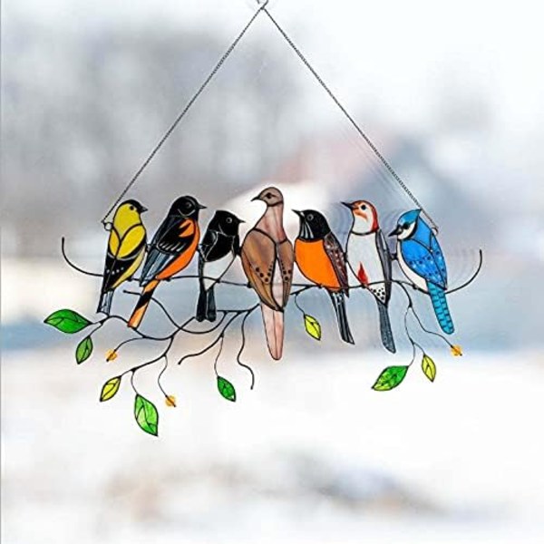 Fåglar på en tråd Fönsterhängande panel av målat glas - Fåglar prydnader Fåglar för fönster Heminredning och present - Trädgårdssolfångare (sju små fåglar