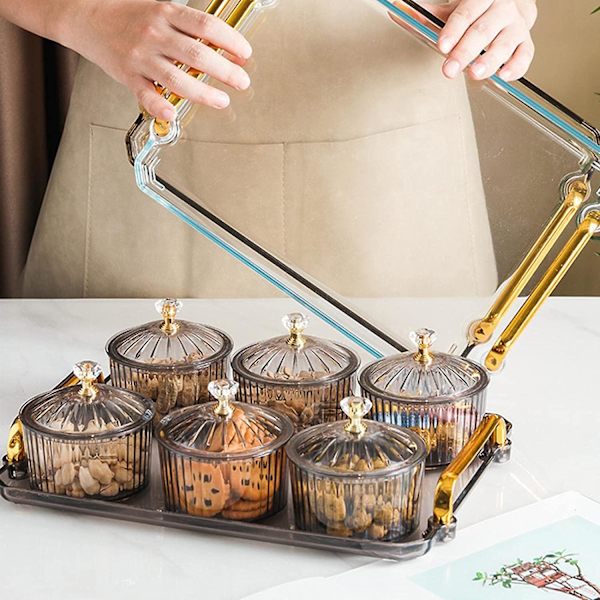 Frukt Dessert Snacks Serveringsfat, 6 Skålar Med Lock För Aptitretare, Grå