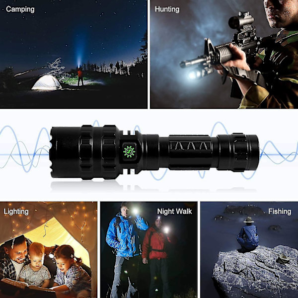Taktisen taskulamppu 3000 lumenia Super Bright L2 Led taskulamppu USB ladattava 5 valotilaa Picatinny kisko kiinnitys ja painonappi ulkoilukalastukseen [ene