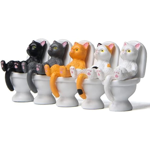 5 stk Minitoalett Kattfigurer Kattstatue Sittende på toalettet Tegneserie Dyrehagestatuer Desktop Ornamenter Hjemmeinnredning til bokhylle Kontor Hjemmebord