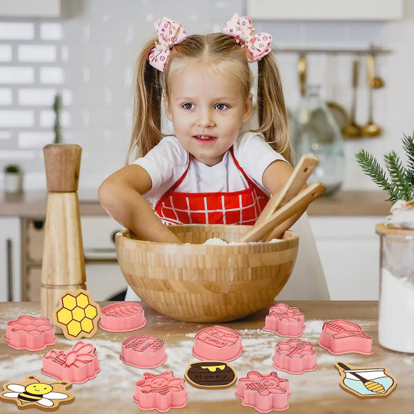 16 stk Bie-Kakeutstekere med Stempler Sett Mini Bie Honningkake Kake Stempler 3D Plast Kjeksform Fondant Kake Stempler