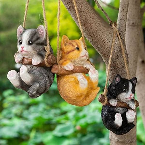 Söt liten kattfigur i resin, gunga, utomhus, trädgård, hem, kontor, rum, hängande dekoration, statyett, husdjursdekoration med snöre (svart)
