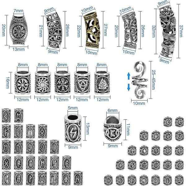 Kryc 80 Runstenpärlor Set med 300 Gummiband, Viking Skäggpärlor, Antik DIY Hår- och Skäggpärlor, Nordiska Hårsmycken, Flätad Armband, Hänge N