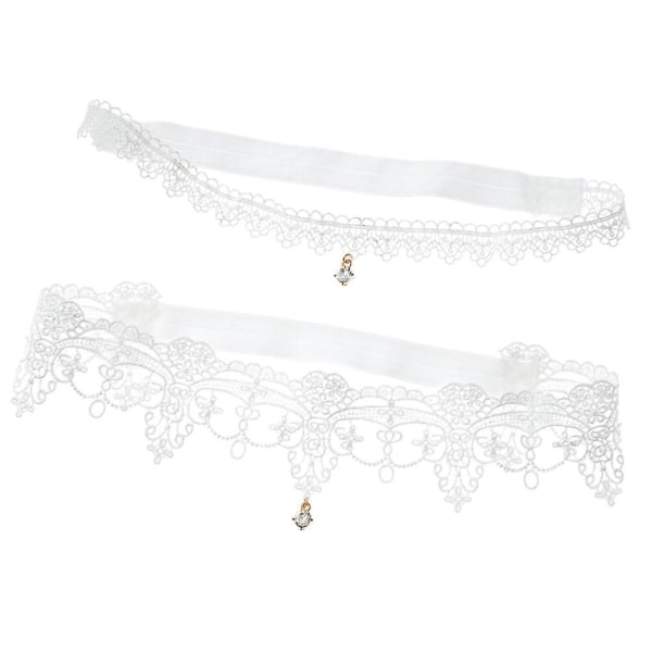 2 st Vita Set Spetsbensband Kvinnor Spets Bröllopsslips Brudbensband Rhinestone Hänge Bröllopsdagsslips