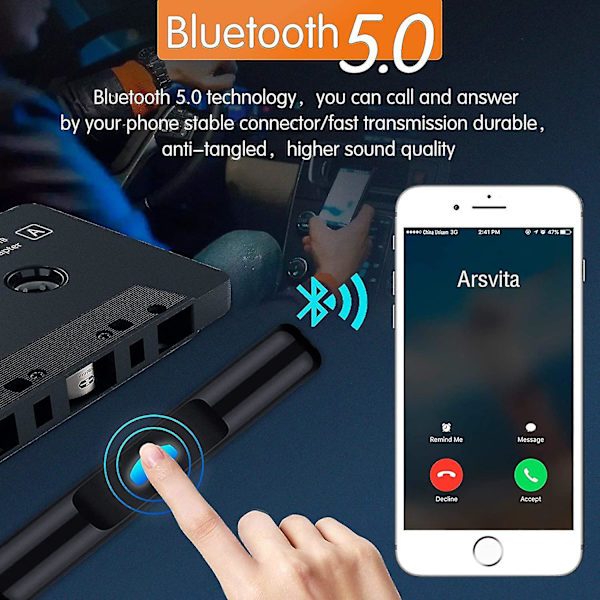 Bilradio Bluetooth Kassette Modtager, Kassetteafspiller Bluetooth 5.0 Kassette Aux Adapter