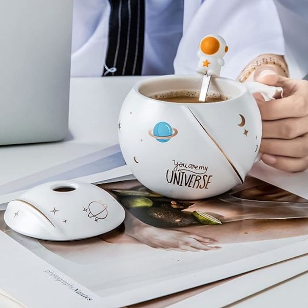 Söt Astronaut Mugg Med Lock Och Sked, Kawaii Kopps Nostalgisk Mugg För Kaffe, Te Och Mjölk, Mugg Present Vit 400ml/15oz
