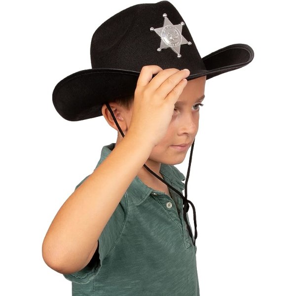 Børne sort sherif cowboyhat - Sheriff Party - Politi Dress Up - Draw String Kostume Hat - Sjove festhatte