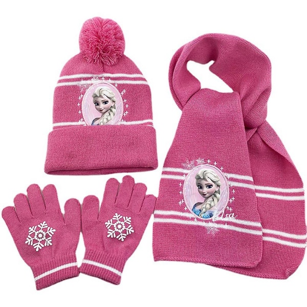 Barnens Frozen Elsa Beanie Hatt, Halsduk och Vantar Set - Vintermössa med Vikbar Kant, Halsvärmare, Varma Tillbehör, Flickors Presenter