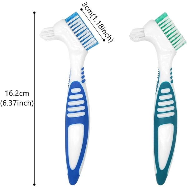 Hammasproteesiharja, hammasproteesin set tekohammasharja kiinnikkeiden puhdistamiseen (sininen ja vihreä)