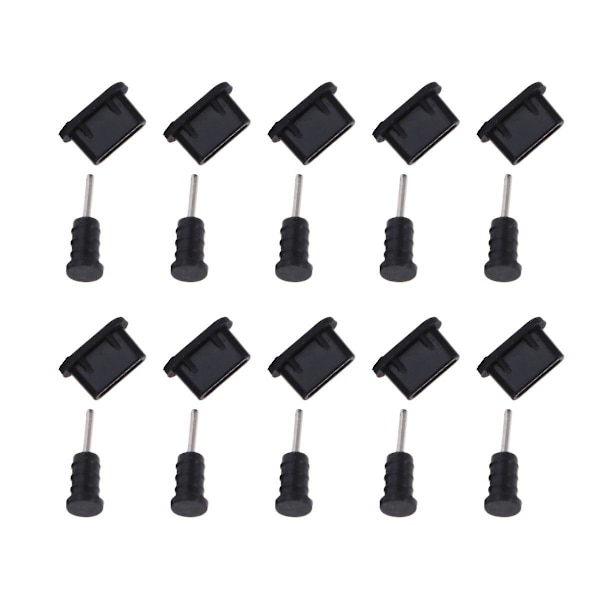 10 par USB Type-C dammskyddande silikonportplugg (svart)