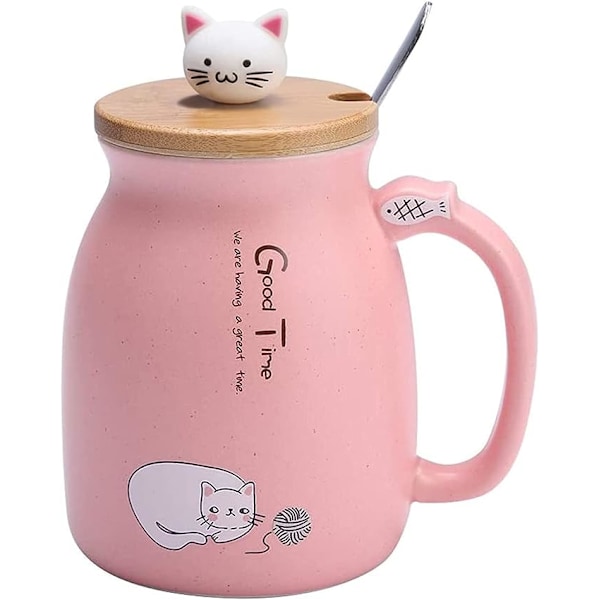 Søde Keramik Katte Kopper med Ske og Trælåg, Tekop Kaffe Vand Mælk Kop til Hjem Kontor Drikkevarer Gave (Pink)