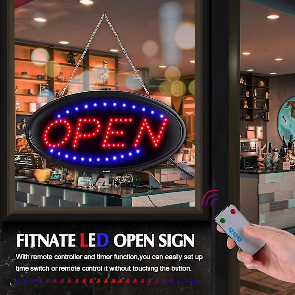 LED Åbent Skilt med Fjernbetjening, Ultra Lysende Elektrisk Lys Skilte til Virksomheder, Timingsfunktion, 2 Lystilstande Blinkende & Stabil