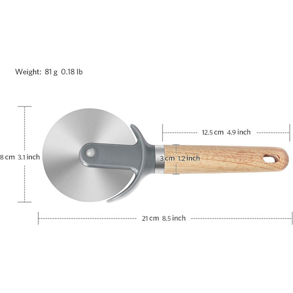 Pizzakutter, Pizzahjul med Trähandtag och Livsmedelssäkert Rostfritt Stål, Lätt, 21 cm