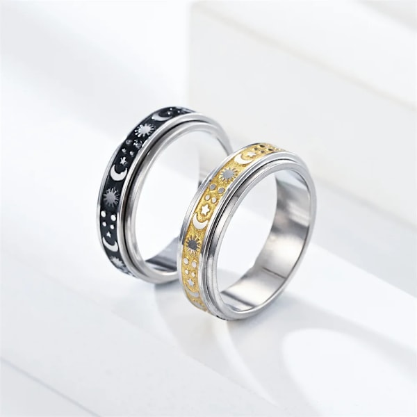 Bosomate Rostfritt Stål Ring för Kvinnor Män Måne Stjärna Roterande Ringar Tonåringar Present Storlek 6-11 Fidget Spinner 6mm 1 Styck Ny Oro 9