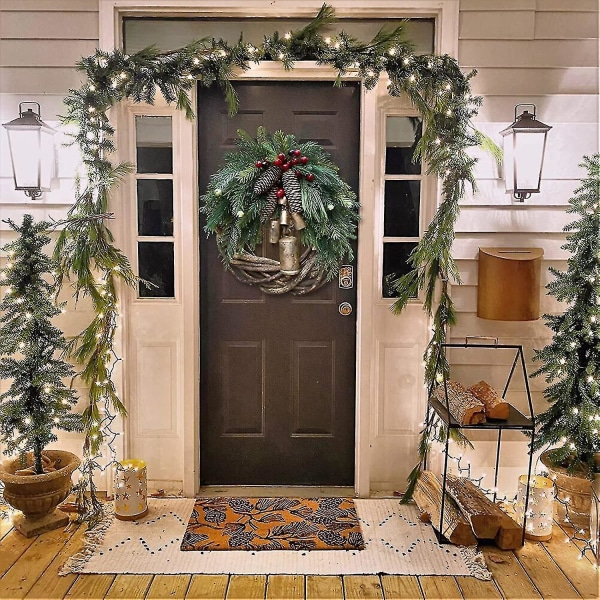 Bondgårds julkransar för ytterdörren, 14 tums rottingkransar för att dekorera julen, 2021 guldklockor hänger mittdörren vinterkrans