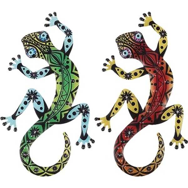 2 st Metall Gecko Väggkonst Järn Ödla Väggdekor Trädgård Hängande Skulptur för Inomhus Utomhus Hem Trädgård Röd Grön