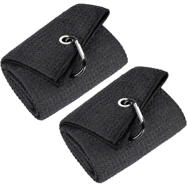 2 Golfhåndklæder | Premium Mikrofiberstof | Vaffelmønster | Slidstærk Karabinhage, Sort