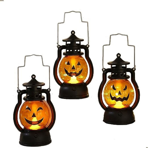 3 stk Mini Halloween Gresskar Lyslykt LED Lys Gresskar for Halloween Dekorasjoner Innendørs og Utendørs Hage Plen Fest