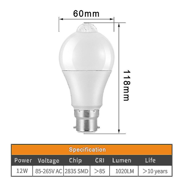 Pir Rörelsesensor B22 Led Lampa Smart Glödlampa Automatisk På/Av Energispar