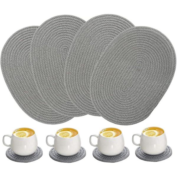 4-pack ovala vävda placemats 12 x 16 tum Weavn bomullsplacemats med 4-pack runda tygunderlägg (grå)