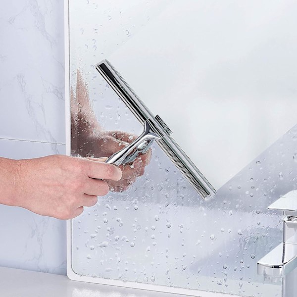 Dusj-squeegee for baderom, klar glassveggrenser, bad, rustfritt stål med sugekopp for oppbevaring - 10\", krom